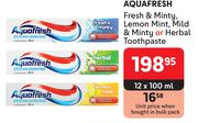 Aquafresh Fresh & Minty, Lemon Mint, Mild & Minty Or Herbal Toothpaste-12 x 100ml