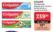 Colgate Toothpaste Regular, Gel, Herbal, Herbal White Or Herbal With Salt-12 x 100ml