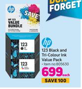 HP 123 Black & Tri Colour Ink Value Pack-Each
