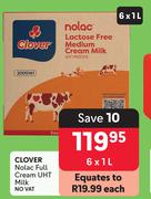 Clover Nolac Full Cream UHT Milk-6 x 1Ltr