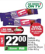 Cadbury Crunchie 40g, P.S 48g, Astros 40g, Lunch Bar 48g Or 5-Star 48.5g-For 2