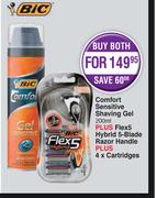 BIC Comfort Sensitive Shaving Gel 200ml+Flex5 Hybrid 5 Blade Razor Handle+4 x Cartridges-For Both