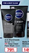 Nivea Men Anti Blackheads Scrub 75ml Or Deep Clean Face Wash-100ml Each