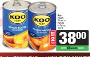 Koo Peach Slices Or Halves In Syrup-For 2 x 410g