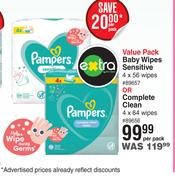 Pampers Baby Wipes Sensitive 4 x 56 Or Complete Clean 4 x 64 Value Pack-Per Pack