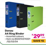 Doanu A4 Ring Binder Assorted Colours (850014374001/02/03/04)-Each