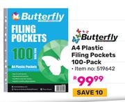 Butterfly A4 Plastic Filling Pockets 100 Pack (519642)