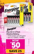 Energizer Max AA 4 + 2 Pack Alkaline Battery-Per Pack