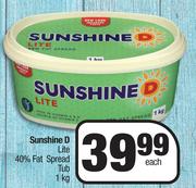 Sunshine D Lite 40% Fat Spread Tub-1Kg Each