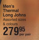 Heat Holders Men's Thermal Long Johns Assorted Sizes & Colours-Per Pair