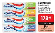 Aquafresh Toothpaste Fresh & Minty, Herbal, Mild & Minty Or Lemon-12 x 100ml