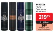 Yardley Mens Deodorant (All Variants)-6 x 125ml
