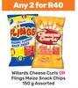 Willards Cheese Curls Or Flings Maize Snack Chips Assorted-For Any 2 x 150g