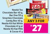 Nestle Tex Chocolate Bar 40g, Bar One 55g, Smarties Chocolate Candy Box 40g-For 3