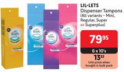 Lil-Lets Dispenser Tampons (All Variants-Mini, Regular, Super Or Superplus)-6 x 10's Pack