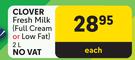 Clover Fresh Milk Full Cream Or Low Fat-2L Each