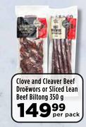 Clove And Cleaver Beef Droewors Or Sliced Lean Beef Biltong-350g Per Pack