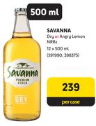 Savanna Dry Or Angry Lemon NRBs-12 x 500ml Per Case