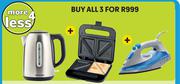Kenwood 1.7L Stainless Steel Kettle + Kenwood Sandwich Maker + Kenwood steam Iron-All For 3 
