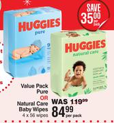 Huggies Value Pack Pure Or Natural Care Baby Wipes 4 x 56 Wipes-Per Pack
