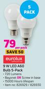 Eurolux 9W LED A60 Bulb-5 Pack Per Pack