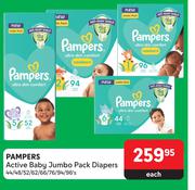 Pampers Active Baby Jumbo Pack Diapers-44/48/52/62/66/76/94/96's