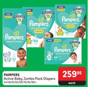 Pampers Active Baby Jumbo Pack Diapers-44/48/52/62/66/76/94/96's Each
