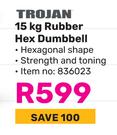 Trojan 15Kg Rubber Hex Dumbbell