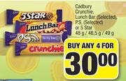 Cadbury Crunchie, Lunch Bar Selected Or 5 Star-4x48g/48.5g/49g