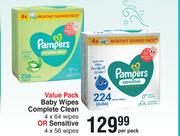 Pampers Value Pack Baby Wipes Complete Clean 4 x 64 Wipes Or Sensitive 4 x 56 Wipes-Per Pack