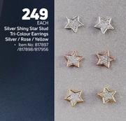 Silver Shiny Star Stud Tri Colour Earrings Silver/Rose/Yellow-Each