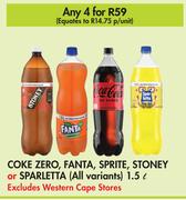 Coke Zero, Fanta, Sprite, Stoney Or Sparletta (All Variants)-For 4 x 1.5L