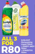 Sunlight Dishwashing Liquid 750ml + Handy Andy 750ml + Domestos 750ml-For All 3