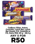 Cadbury 5 Star,Astros,Crunchie,Lunch Bar,Lunch Bar Dream,P.S,Caramilk Or P.S Dairy Milk-5x 40g-48.5g