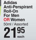 Adidas Anti Perspirant Roll On For Men Or Women Assorted-50ml Each