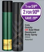 Coty Gravity Or East West Deodorant Body Spray Assorted-For 2 x 250ml