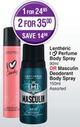 Lentheric I Love Perfume Body Spray 90ml Or Masculin Deodorant Body Spray 150ml Assorted-For 2