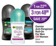 Garnier Anti Perspirant Roll On For Men Or Women Assorted-50ml