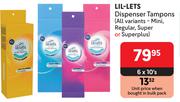 Lil-Lets Dispenser Tampons (All Variants-Mini, Regular, Super Or Superplus)-6 x 10's Pack