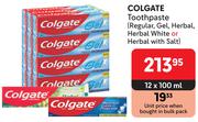 Colgate Toothpaste (Regular, Gel, Herbal, Herbal White Or Herbal With Salt)-12 x 100ml