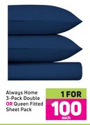 Always Home 3 Pack Double Or Queen Fitted Sheet Pack-Each