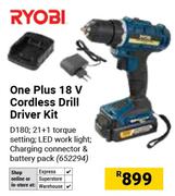 Ryobi One Plus 18V Cordless Drill Driver Kit