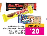 Nestle Bar One 42g, Nestle Smarties Chocolate Candy Box 70g Or Nestle Tex Bar 58g-For 2