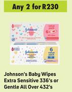 Johnson's Baby Wipes Extra Sensitive 336's Or Gentle All Over 432's-For 2