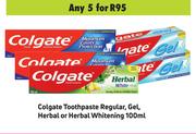 Colgate Toothpaste Regular, Gel, Herbal Or Herbal Whitening-For 5 x 100ml