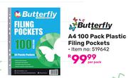 Butterfly A4 100 Pack Plastic Filing Pockets 519642-Per Pack