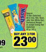Beacon TV Bar,All In One,Niki,Nosh,Jelly Tots(White Bar),Damascus Nougat Or Jungle Energy Bar-3x40g/
