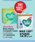 Pampers Value Pack Baby Wipes Complete Clean 4 x 64 Wipes Or Sensitive 4 x 56 Wipes-Per Pack