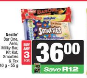 Nestle Bar One Aero, Milky Bar, Kit Kat, Smarties & tex 40gm-55gm-For Any 3