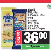 Nestle Milk Bar Chocolate Slabs 80gm Assorted Excl. Aero, Aero Gold, Kit Kat 8 Fingers-For Any 2